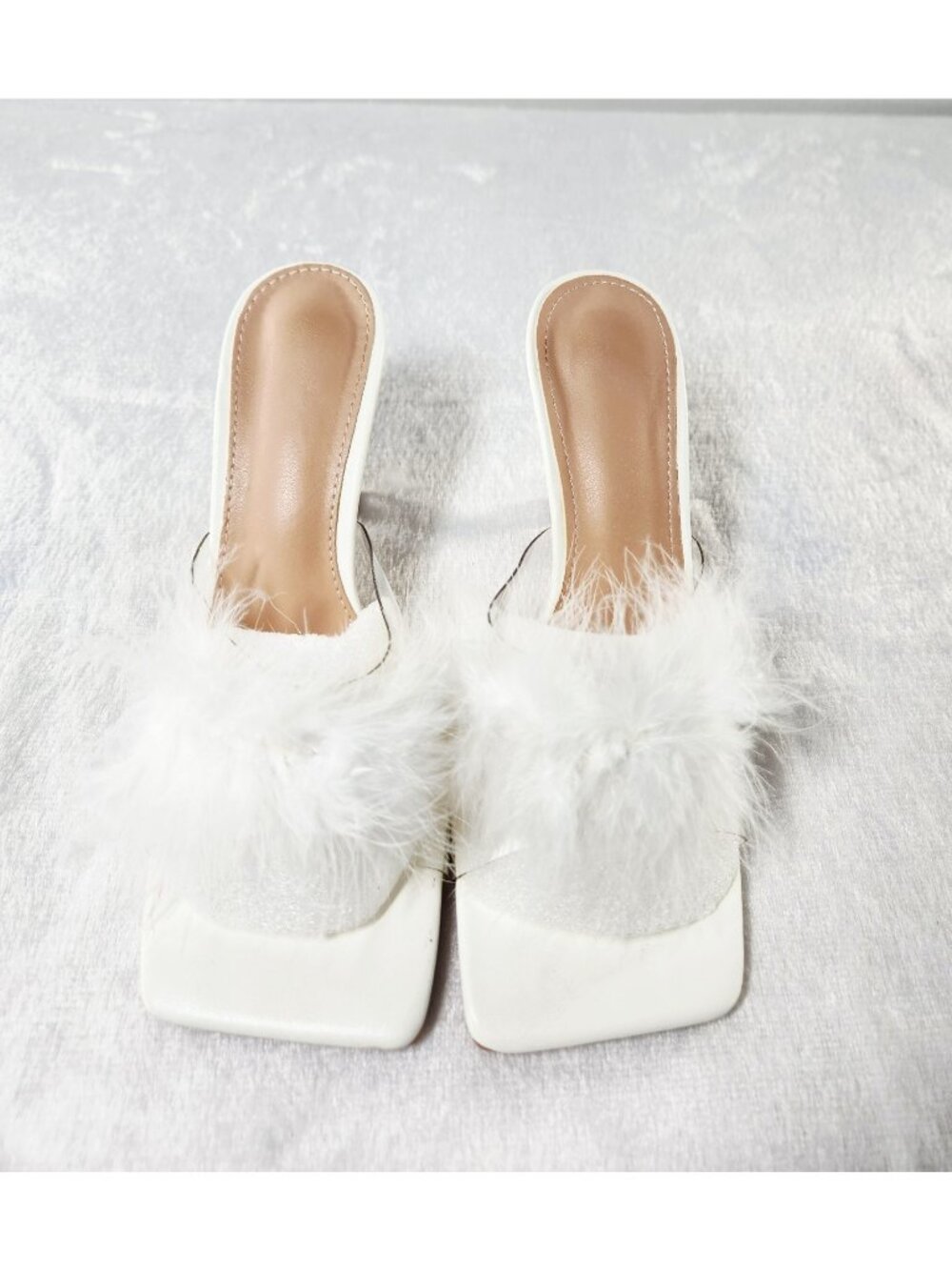Furry Open Toe Kitten Heel Mules - White - SZ 40